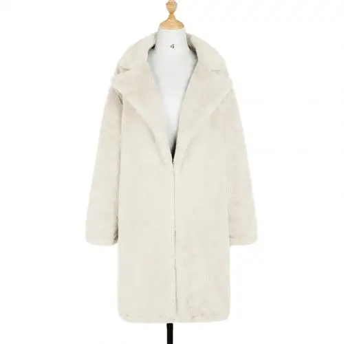 Белый Зимнее модное женское пальто, плюшевая свободная однотонная плюшевая флисовая куртка с длинным рукавом и отворотом, длинное пальто, верхняя одежда для женщин - Цвет: Белый