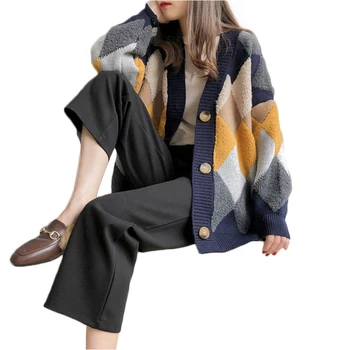 

Women Knitted Sweaters Autumn Winter Fashion Casual Plaid V-Neck Cardigans Single Breasted Loose Women Long Sleeve Cardigan