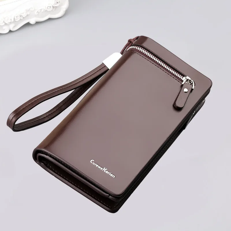 brown with handle Новинка, двойной мужской кошелек, известный бренд, мужской кожаный Длинный кошелек, клатч, мужской кошелек для денег, ID держатель для карт, Carteira Masculina - Цвет: brown with handle