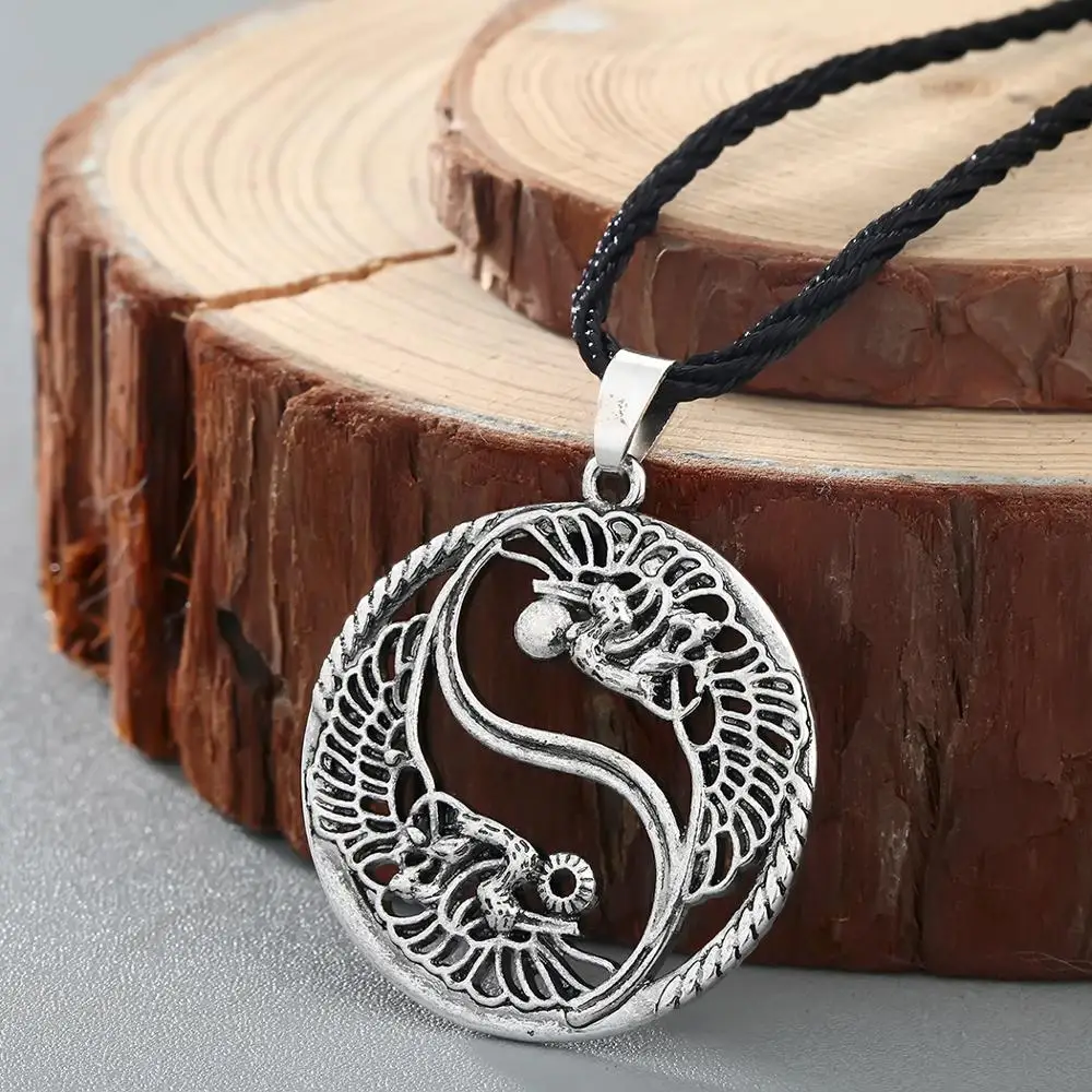 

QIAMNI Ethnic Chinese Taoism Sign Pendant Necklace Vintage Yin Yang Ancient Eight Diagrams Double Phoenix Choker Men Jewelry