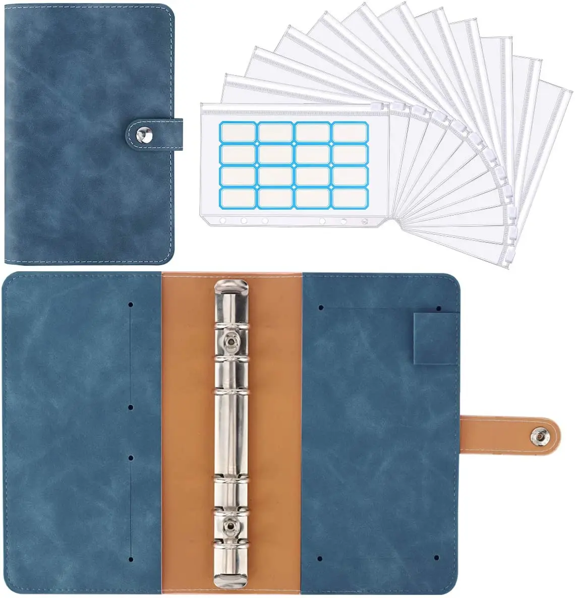 Notebook Binder Cover A6 PU Leather Budget Planner Refillable 6 Round Rings with 12 PCS Clear Plastic Envelopes