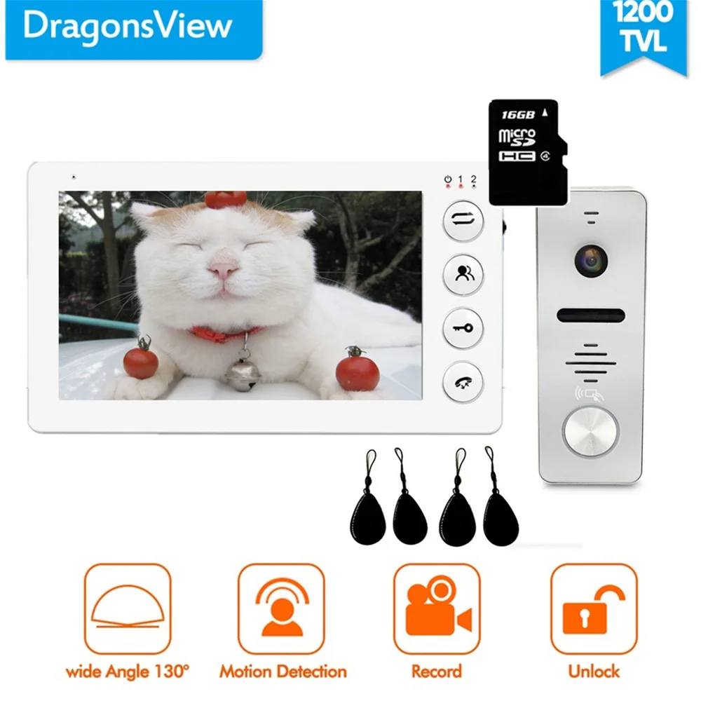 Dragonsview 7 "видеодомофон дверной звонок Система RFID дверной Звонок камера разблокировка двери Система контроля доступа запись