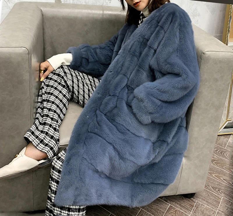 Зимнее женское модное роскошное бархатное пальто из меха норки - Цвет: ligth blue