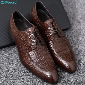 

QYFCIOUFU New Men Suit Crocodile Shoes Party Men's Dress Shoes Italian Leather Cow Genuine Formal Shoes Men Office Wedding Shoes