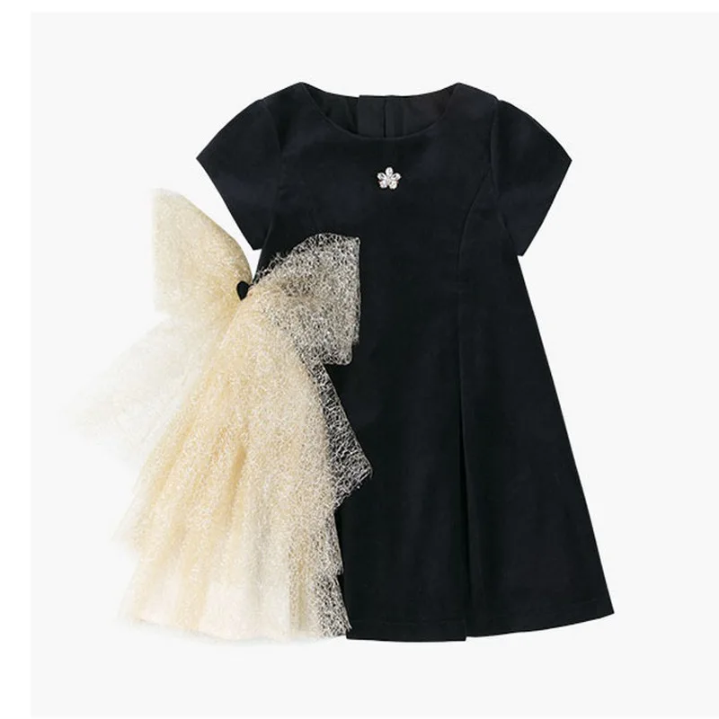 Autumn Fashion Girls Dress Children's Bow Tie Stitching Girls Princess Short Sleeve Party Dresses Kids Cute Clothes CL185 - Color: Black