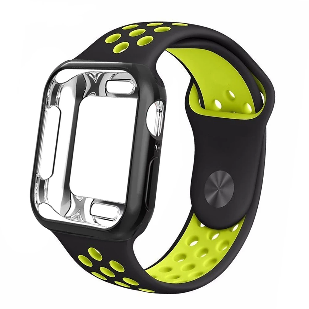 Black with yellow Чехол+ ремешок для apple Watch 5 ремешок 42 мм 38 мм 40 мм 44 мм спортивный силиконовый браслет для apple iwatch series 5 4 3 2 1 Аксессуары - Цвет ремешка: Black with yellow