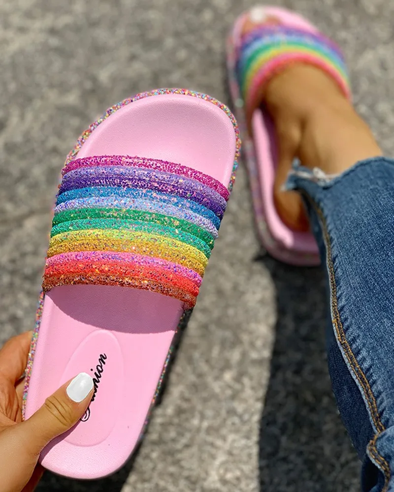Летние тапочки для девочек; женская обувь с украшением в виде радуги; Нескользящие мягкие пляжные женские шлепанцы на плоской подошве; домашние женские шлепанцы; сандалии - Цвет: Розовый