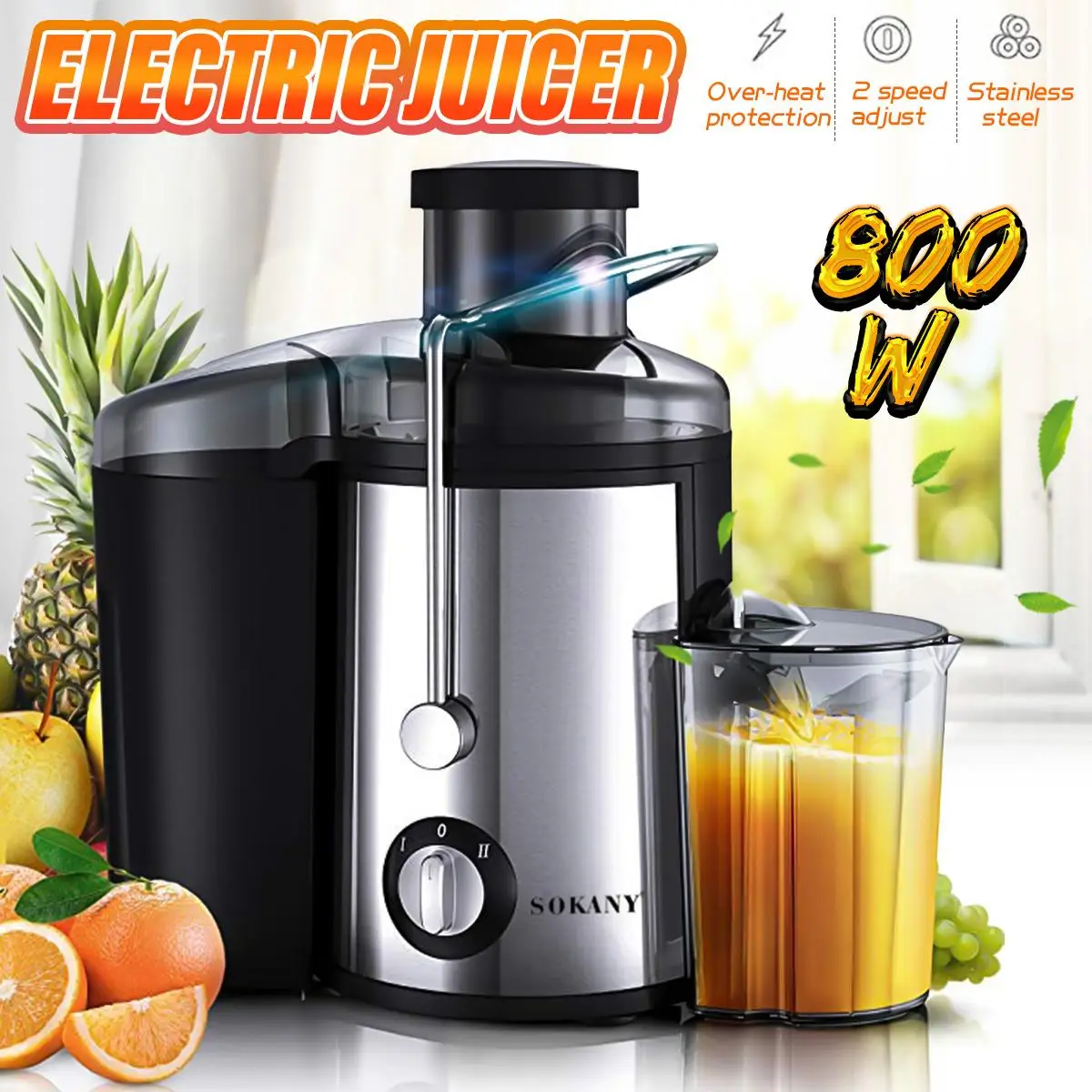 

800W Electric Juicer Stainless Steel Juicers 2 Speed Adjustment Whole Fruit Vegetable Food-Blender Mixer Extractor Machine