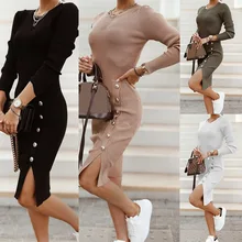 

Autumn Clothes Vintage O Neck Long Sleeve Button Knit Dress Spring Clothing Women Korean Women Club Party Mini Dress Street Wear
