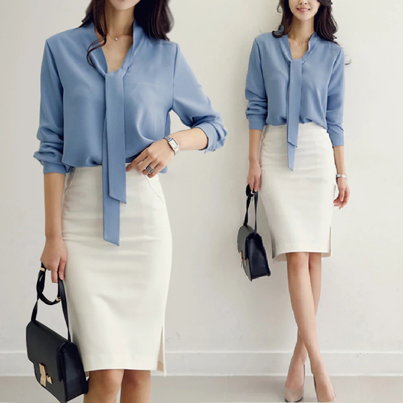 Модные корейские Blusas Mulher Elegantes женская рубашка с бантом офисные женские элегантные Однотонные блузки с длинными рукавами