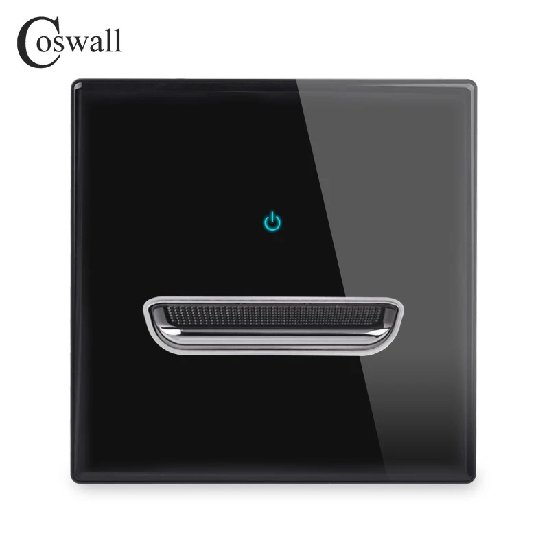 COSWALL Wall Light Switch Glass Panel, 1 2 3 4 gang 1 2 way toggle on off blue backlight data CAT6 HDMI USB charging black