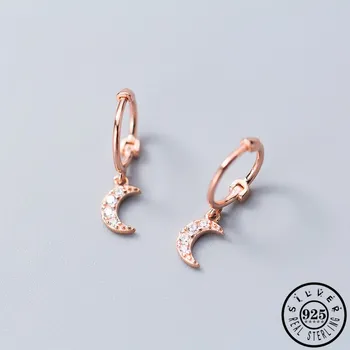 

925 Sterling Silver Cubic Zirconia Moon Pendant Hoops Piercing Earrings Rose Gold Color Plated Ear Rings Fine Jewelry for Women