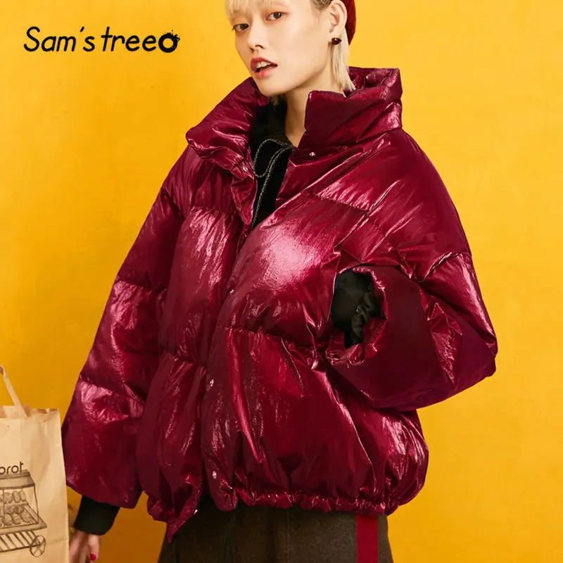 

SAM'S TREE Red Solid Satin Warmness Down Coat Women 2019 Winter Silver Drawstring Loose Casual Office Ladies Oversize Outwear