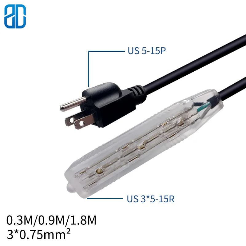 

0.9M/3FT US 5-15P TO 3*5-15R AC Power Extension Cable Cord Nema 5-15P to 3*5-15R 3Ways Socket Power Cord 15A/125V