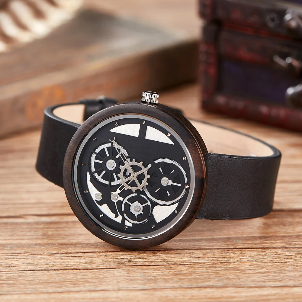 Relógio de Madeira Exclusivo para Homens Relógios de Pulso com Pulseira de Couro Quartz Movement Calendar - Image 5