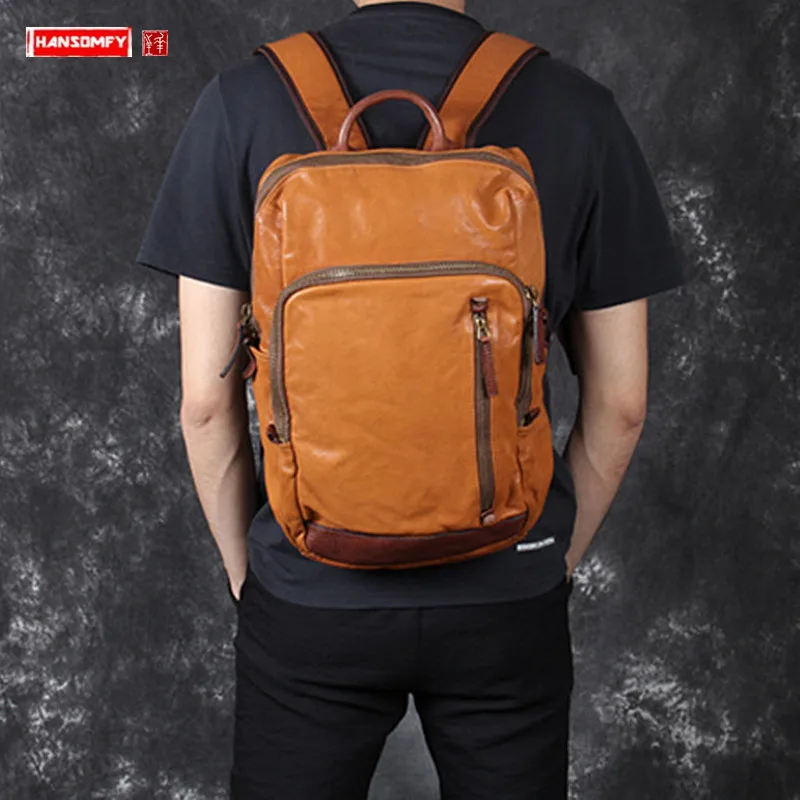 

New Casual Vintage Suede Leather Men's Backpack Handmade Male Laptop Bag Men Travel Backpacks Original Vegetable Tanned Leather