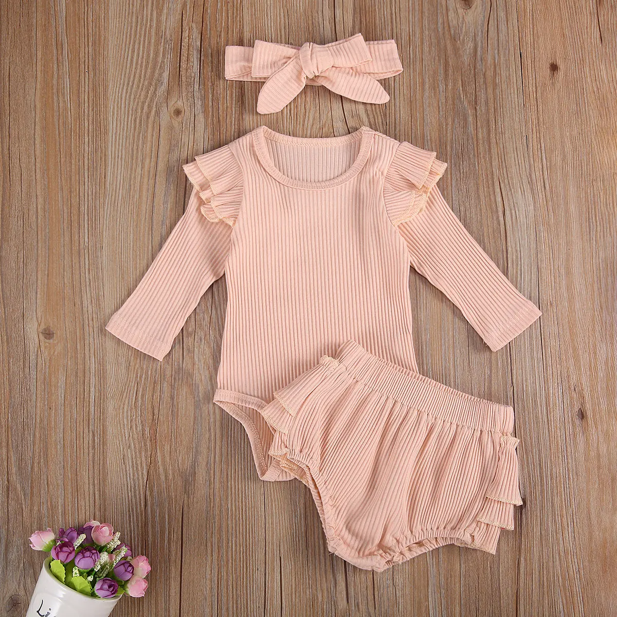 

Pudcoco Newborn Baby Clothes Autumn Solid Color Long Sleeve Round Neck Knitted Cotton Romper Tops Ruffle Short Headband 3Pcs Set
