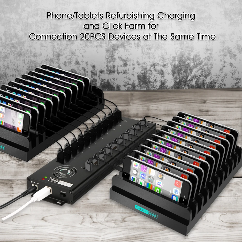 Sipolar multi 20 ports USB 2.0 charger hub with external 12V10A desktop power adapter for data syncs and phone tablets charging 5