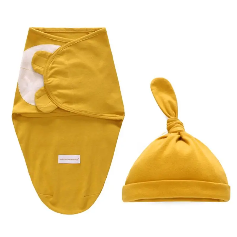 2 Pcs/set New Infants Baby Cotton Wrap Sleeping Bag Hat Newborn Girls Boys Solid Color Swaddle Cap Set