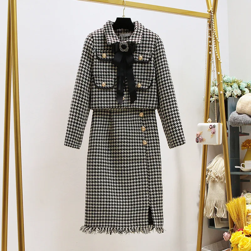 

Autumn Winter Houndstooth Woolen Suits 2 Piece Set Women Big Bowknot Tweed Short Jacket Coat + High Waist Mini Tassel Skirt Set