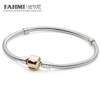 

FAHMI Authentic 925 Sterling Silver 14K Gold color classic buckle Snake bones bracele DIY bangle For Women Original Jewelry 8014