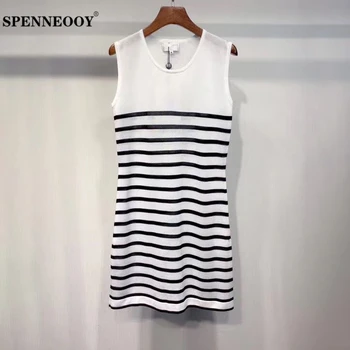 

SPENNEOOY Designer Custom Runway Women Summer Sleeveless Casual Vest Dress Women Striped Knit Leisure Mini Dresses Vestidos