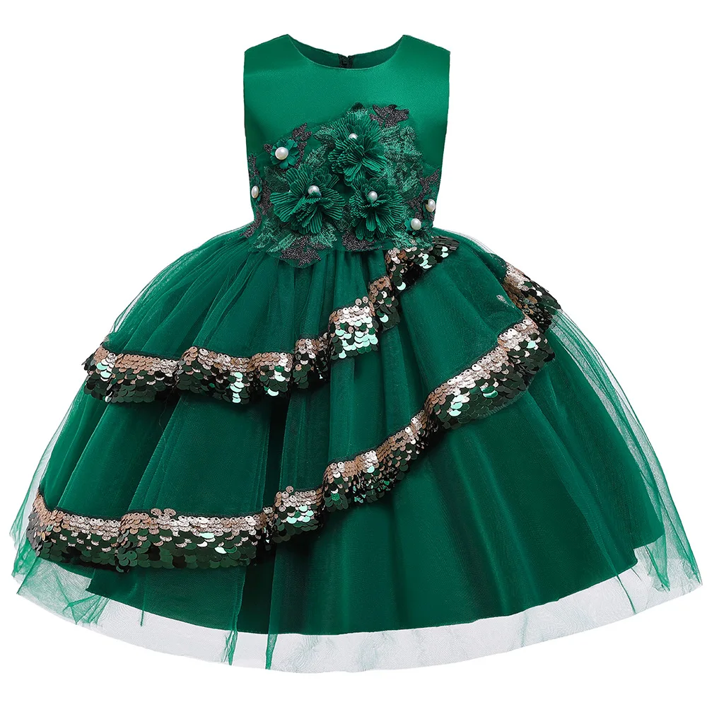 D1840-Green Pegeant/Детские платья с блестками и открытой спиной для девочек; платья принцессы для свадебной вечеринки; многослойные платья-пачки для первого причастия для маленьких девочек - Цвет: D1840-Green