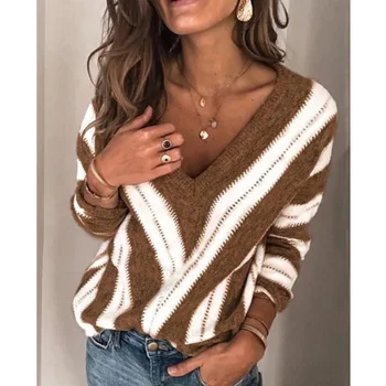 

2019 Autumn Winter women sweater V Neck Strped Long Sleeve Tops