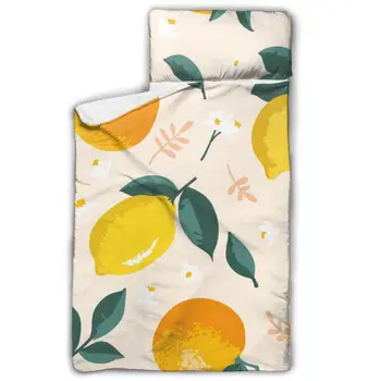 

Summer Lemons Oranges Flowers And Leaves Nap Mat with Pillow for Toddler Boys and Girls Ideal for Daycare and Preschool