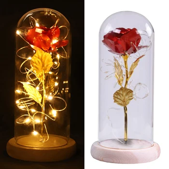 

Gold Foil Artificial Rose Flower With LED Light String In Glass Dome On Wooden Base Valentine's Gift
