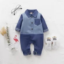 Джентльменский комбинезон для маленьких мальчиков, детские комбинезоны, зимняя джинсовая одежда для новорожденных 3, 6, 12, 18 месяцев, темно-синий Детский комбинезон с длинными рукавами, D35