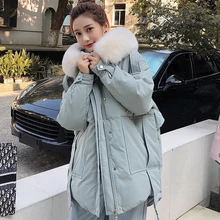 Большой размер, зимняя куртка-пуховик с воротником из натурального Лисьего меха, женское Свободное пальто, женская белая пуховая Толстая теплая парка, куртки в стиле Харадзюку розового цвета