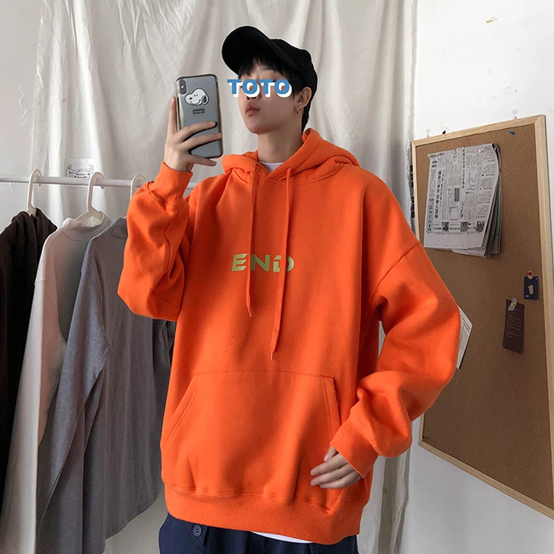 Orange Весна-Осень, Корейская мужская толстовка с капюшоном, большие размеры, хлопок, свободный, с капюшоном, флис, Мужской Повседневный пуловер, уличная толстовка, S-5XL - Цвет: Orange