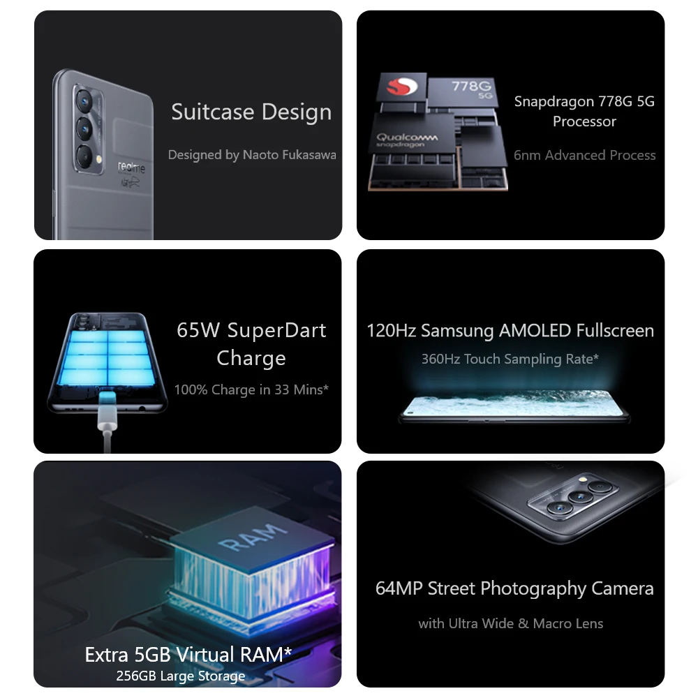 realme GT Master Edition Russian version Snapdragon 778 5G cellphone 120Hz AMOLED Display 64MP Triple Camera Fast charging