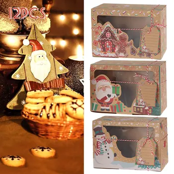 

12pcs Christmas Cookie Boxes European New Style Kraft Paper Box Kraft Paper Large Christmas Candy Box Bakery Gift Boxes