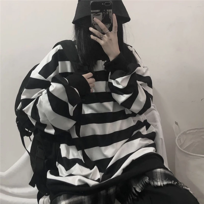 Harajuku style casual oversize bf striped pullovers fashion brand new vintage ulzzang hoodies women o-neck ladies Sweatshirts