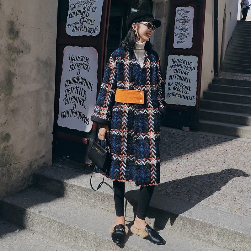 Tweed Woolen Jacket Women's Mid-length Autumn And Winter New Style Nizi Popular Graceful Plaid Woolen Overcoat
