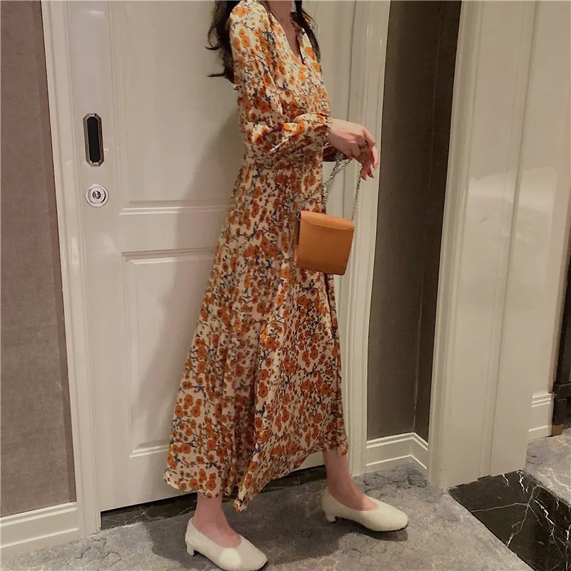 Осенне-весеннее винтажное шифоновое платье с цветочным рисунком, Boho, элегантные женские вечерние платья с длинным рукавом, Vestidos