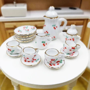 

15PCS 1/12 Miniature Doll House Flower Patten Porcelain Coffee Tea Cups Ceramic Tableware Dollhouse Home Kitchen Accessories