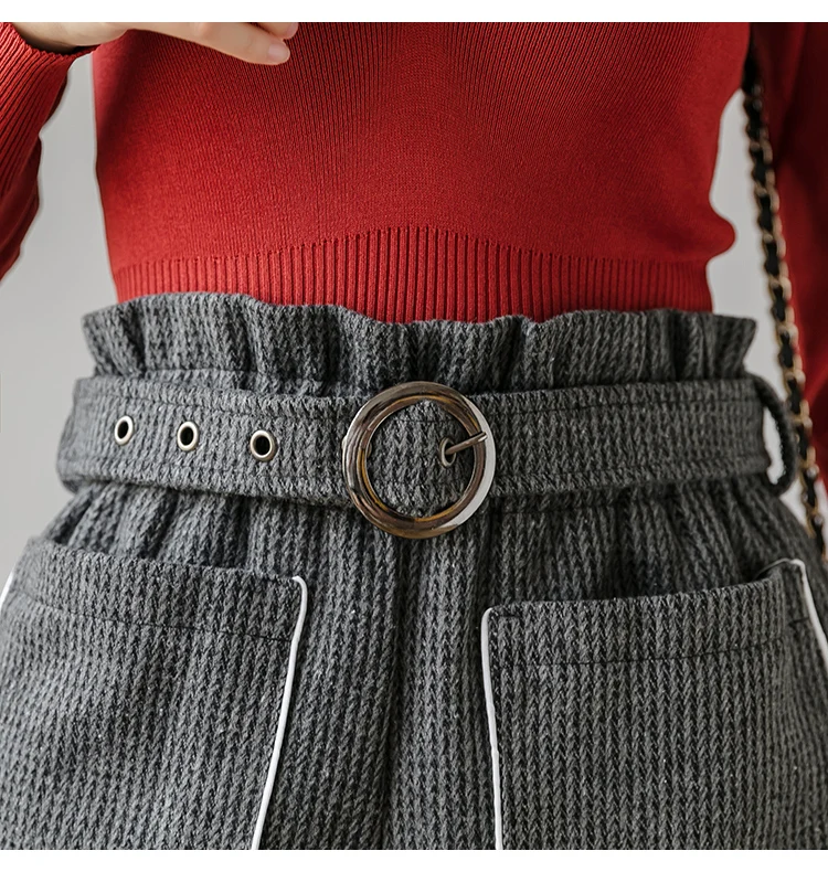 Trytree Autumn Winter woman Casual Shorts Loose Belt Pockets High waist Solid 3 Colors Fashion All-Purpose Style Short