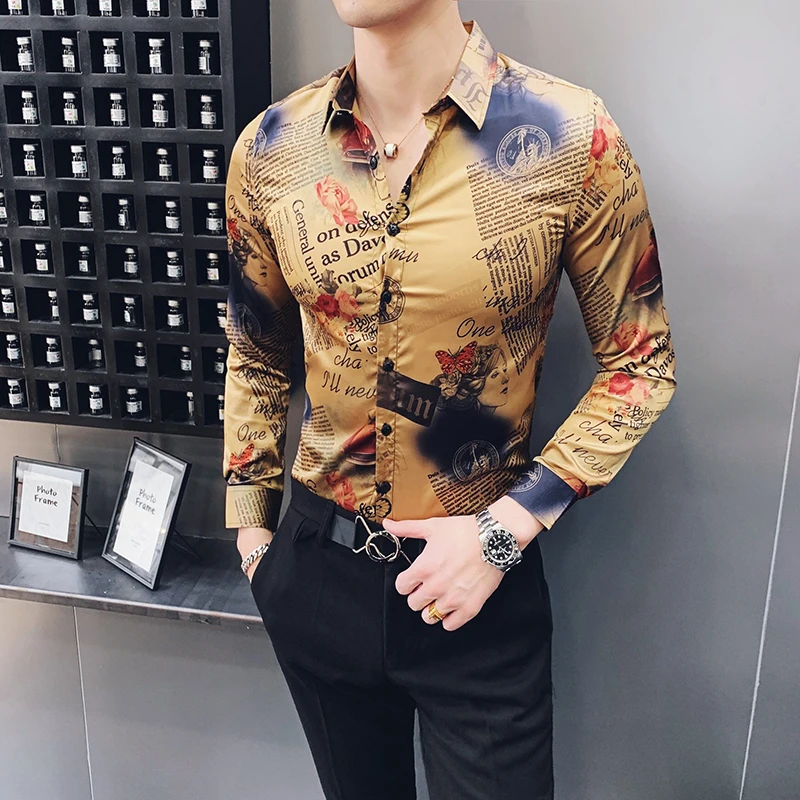

Gold Print Mens Shirt Long Sleeve Shirts Casual Slim Fit Shirts Men Tuxedo Dress Streetwear Male Clothes Camisa Social Masculina