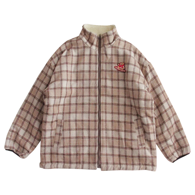 plaid Зимнее женское Шерстяное Пальто в клетку для молодых девушек, свободное студенческое пальто в стиле Харадзюку с милым медведем, Ретро стиль, шерсть ягненка, мягкая хлопковая куртка с длинными рукавами - Цвет: plaid