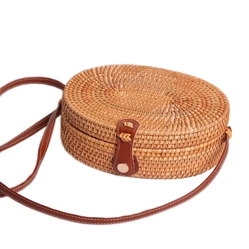 

Vintage Handmade Rattan Woven Shoulder Bags Pu Leather Straps Bow Hasp Holiday Beach Crossbody Bag Messengers Women Handbag