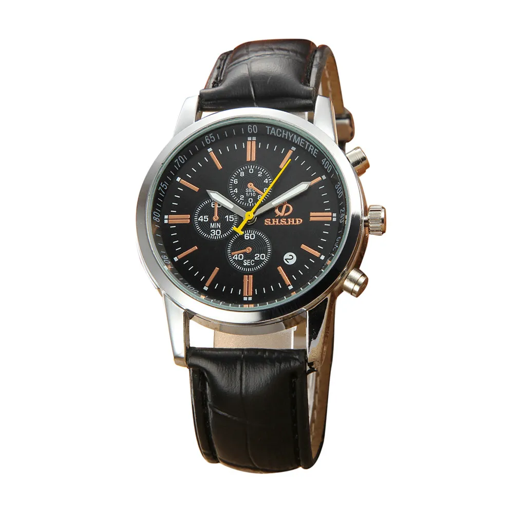 Модные мужские часы три глаза шесть контактный аналоговые кварцевые кожаный