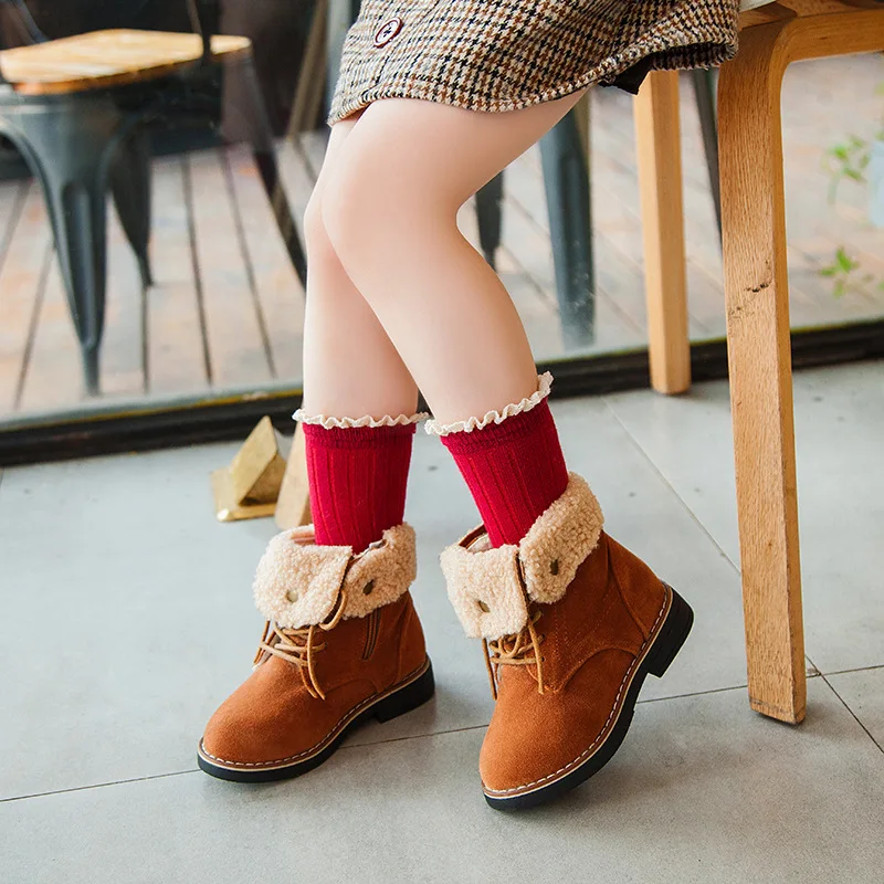 COZULMA Kids Warm Turned-over Edge Ankle Boots For Winter Boys Girls Lace-Up High Shoes Children Fashion Work Boots Size 26-36