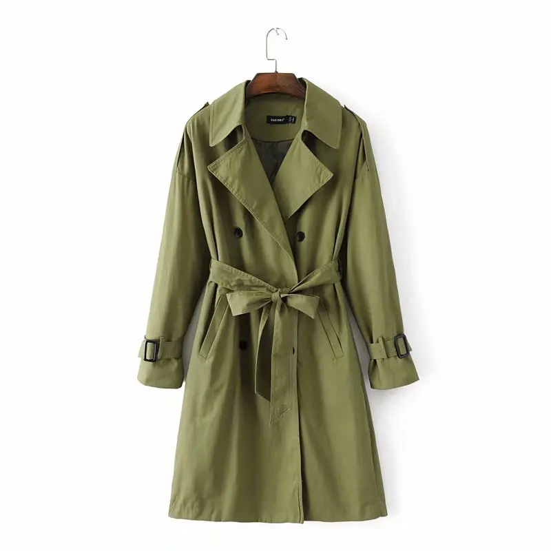 

2018 Autumn New Style Army Green Double Breasted Long Sleeve Belt Slim Fit Slimming Trench Coat Middle Long Coat Women's
