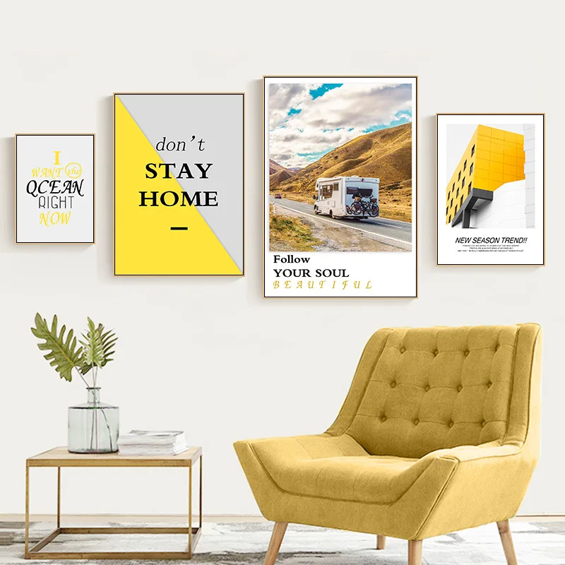 

Nostalgic Yellow Car House Architecture Creative English Canvas Painting Abstract Print Poster Picture Nordic Home Decoration