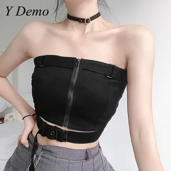 

Y Demo Gothic Sexy Sleeveless Zipper Vest Buckle Belt Women Black Tops