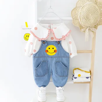

The New Children's Spring Set for Girls in Korean Version Is a Two-piece Set with a Cute Polka Dot Top and Overalls