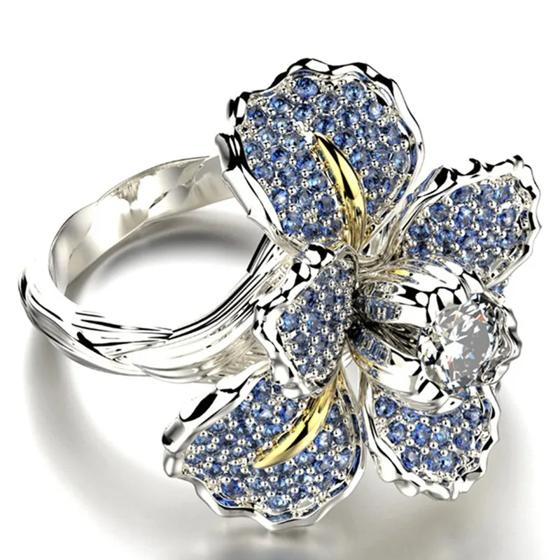 

Luxury Female Big White Blue Flower Ring Charm Crystal Zircon Stone Engagement Ring Elegant Silver Gold Wedding Rings For Women